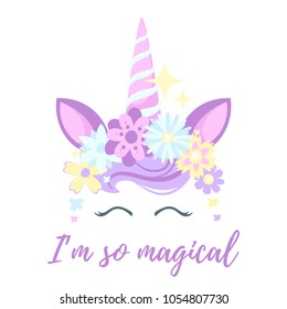 Vector Cartoon Style Illustration Of Unicorn Head With Flower Wreath And Eyelashes. Design For T-shirt Or Post Card. Pastel Color.