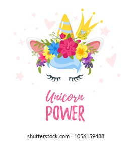 Vector cartoon style illustration of unicorn head with flower wreath, crown and eyelashes. Design for t-shirt or post card. Vibrant color. 