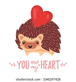 Vector cartoon style illustration of Valentine's day romantic gift card with cute hedgehog and heart on his back. 