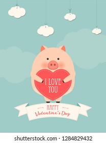 Vector cartoon style illustration of Valentine's day romantic gift card with cute pig holding heart in his hands. Be My Valentine text