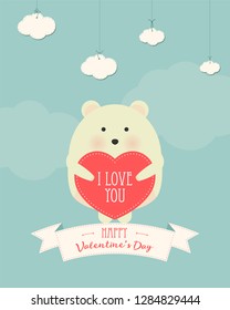 Vector cartoon style illustration of Valentine's day romantic gift card with cute white bear holding heart in his hands. Be My Valentine text