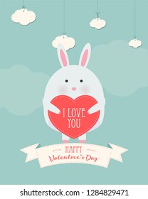 Vector cartoon style illustration of Valentine's day romantic gift card with cute white bear holding heart in his hands. Be My Valentine text