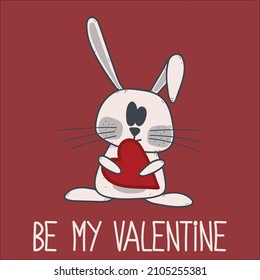 Vector cartoon style illustration of Valentine's day romantic gift card with cute bunny holding heart. Be My Valentine text.