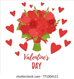 Vector cartoon style illustration of Valentine's day romantic gift card with bouquet of roses and hearts.