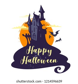 Vector cartoon style illustration of vampire dark castle, isolated on white background. Print for t-shirt or poster design. Happy Halloween text.
