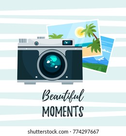 Vector cartoon style illustration of vintage photo camera with holiday photos. Beautiful moments text. Travel and tourism. Background with stripes.