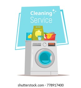 Vector cartoon style illustration of washing machine with cleaning service stuff. Household concept. 