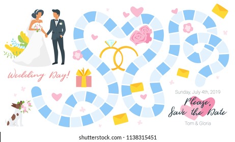 Vector cartoon style illustration of Wedding board game template. Concept for wedding invitation, save the date. For print. Horizontal composition. Bride and groom minimalism silhouettes.