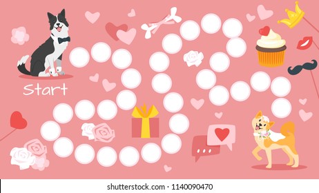 Vector cartoon style illustration of Wedding board game template. Help cute dog groom to find his bride. For print. Horizontal composition.