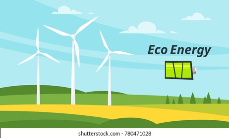 Vector cartoon style illustration of wind mills at the meadow. Renewable and sustainable energy. Environmental and ecology concept. Horizontal composition of background.