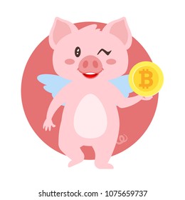 Vector cartoon style illustration of winking pig holding bitcoin.