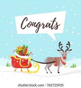 Vector cartoon style illustration of winter background in snowfall and Santa Claus's reindeer pulling a sleigh with holiday red bag full of presents. Merry Christmas and Happy New Year greeting card.