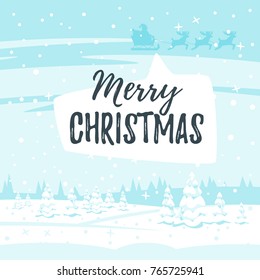 Vector cartoon style illustration of winter background in snowfall. Merry Christmas and Happy New Year greeting card.
