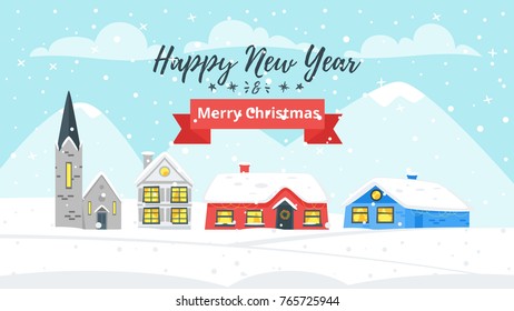 Vector cartoon style illustration of winter background with houses in snowfall. Merry Christmas and Happy New Year greeting card.