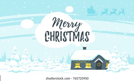 Vector cartoon style illustration of winter background with house in snowfall. Merry Christmas and Happy New Year greeting card.