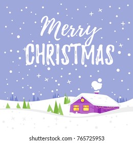 Vector cartoon style illustration of winter background with house in snowfall. Merry Christmas and Happy New Year greeting card.
