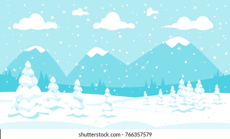 Vector cartoon style illustration of winter background in snowfall with mountains.