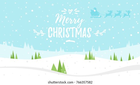 Vector cartoon style illustration of winter background in snowfall. Merry Christmas and Happy New Year greeting card.