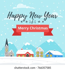 Vector cartoon style illustration of winter background with house in snowfall. Merry Christmas and Happy New Year greeting card.