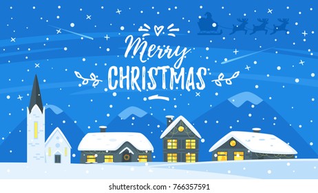 Vector cartoon style illustration of winter background with houses in snowfall at night. Merry Christmas and Happy New Year greeting card.