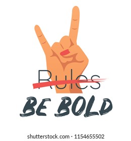 Vector cartoon style illustration of woman hands with red nails. Girls power concept. Horns gesture. Rules be bold typography slogan for apparel design.