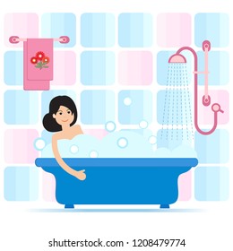 Vector cartoon style illustration of woman taking a bath full of soap foam. Relaxing girl in bathroom. Bathroom interior.