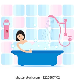 Vector cartoon style illustration of woman taking a bath full of soap foam. Relaxing girl in bathroom. Bathroom interior.