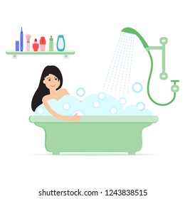 Vector cartoon style illustration of woman taking a bath full of soap foam. Relaxing girl in bathroom. Bathroom interior.