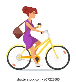 Vector cartoon style illustration of woman riding on the bike with coffee in her hand. Isolated on white background.