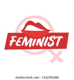 Vector cartoon style illustration of woman's lips. Feminist typography slogan for apparel design. Female rights concept.