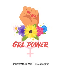 Vector cartoon style illustration of woman's clenched fist and flowers. Drl power typography slogan for apparel design.