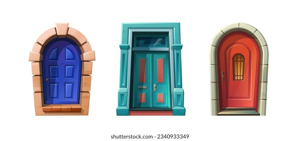 Vector cartoon style illustration. Wooden front doors in blue, red, green, stone arch castle medieval entrance.