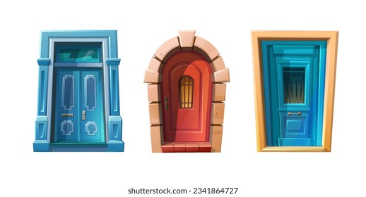 Ilustración de estilo de dibujos animados vectores. Puertas frontales de madera en la entrada medieval del castillo medieval azul, rojo y de piedra.