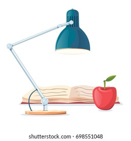 Vector cartoon style illustration of working desk lamp shining and red school apple and opened work book. Science and learn symbol isolated on white background