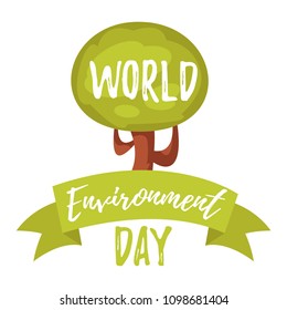 Vector cartoon style illustration of World Environment Day greeting card template or poster design with big tree.