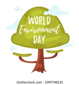 Vector cartoon style illustration of World Environment Day greeting card template or poster design with big tree and clouds.