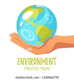 Vector cartoon style illustration of World Environment Day greeting card template or poster design. Planet Earth lies in the hand.