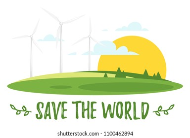 Vector cartoon style illustration of World Environment Day greeting card template or poster design. Green meadow, rural landscape, rising sun and windmill. Save the world text.