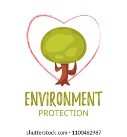 Vector cartoon style illustration of World Environment Day greeting card template or poster design with big tree and heart at the background.