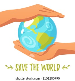 Vector cartoon style illustration of World Environment Day greeting card template or poster design. Planet Earth lies in the hand. Save the world text.