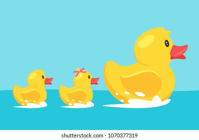 Vector cartoon style illustration of yellow rubber duck with family: duckling son and daughter, floating on the river.