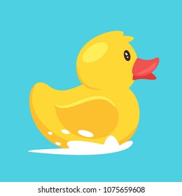 Vector cartoon style illustration of yellow rubber duck floating on the river, isolated on blue background.