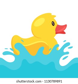 Vector cartoon style illustration of yellow rubber duck splashing water. 