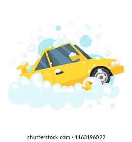 Vector cartoon style illustration of yellow vehicle and rubber duck in soap foam. Car wash concept.