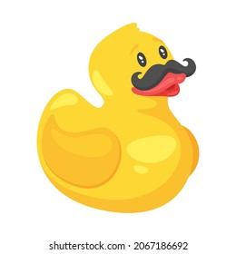 Vector cartoon style illustration of a yellow rubber duck with funny curly mustaches, isolated on white background. 