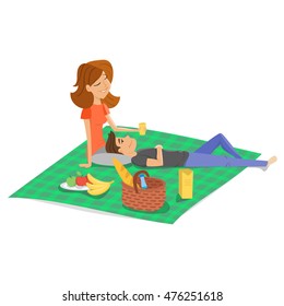Vector cartoon style illustration of young happy couple having picnic. White background. Summer romantic vacation.