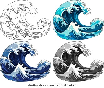 Vector cartoon style of isolated Japanese wave paintings