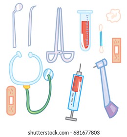 Vector cartoon style isolated on white background illustration set of medical tools: dentist tools, injector, stethoscope, plaster, mirror, cotton wool, cotton swab and other. Medicine and healthcare 