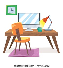 Vector cartoon style isolated on white illustration of home freelancer's office. Working desk, computer, lamp illustration