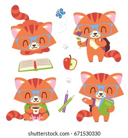 vector cartoon style kawaii nerd red cat set